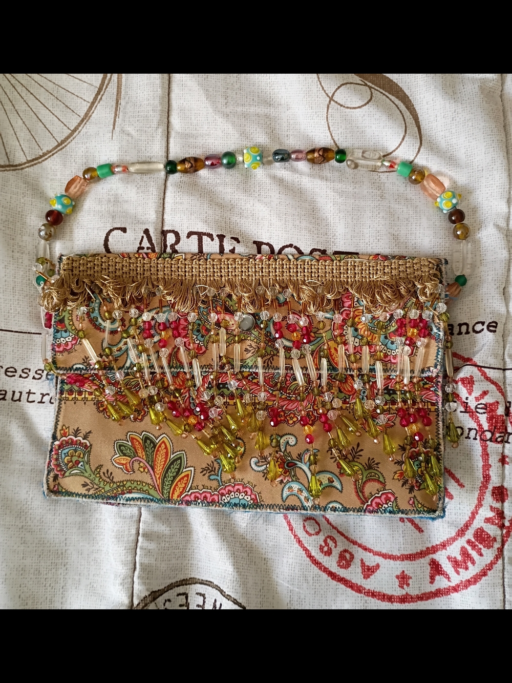 Beaded Floral Evening Clutch in Tan and Gold